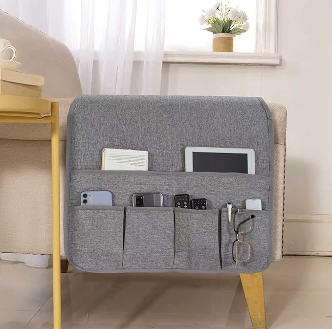 luckyjoyreal Faux Linen Armchair Caddy for Couch Remote Control Holder Non-slip Sofa Armset Organizer Caddy Storage for Recliner Couch 6 Pocket for Magazine 35"x19.5" Grey Linen 1 Piece