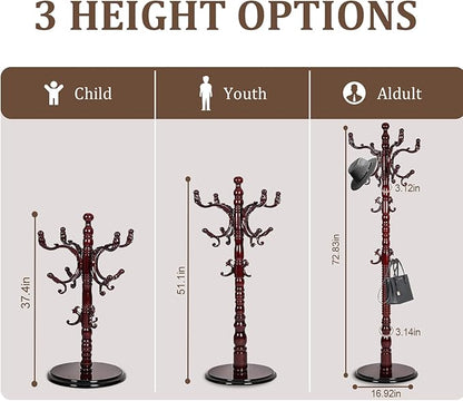 73”Vintage Wooden Coat Rack Freestanding,With 14 Hooks and Sturdy Round Base.Sturdy and Durable Standing Coat Racks，Adjustable Wooden Freestanding Coat Rack for Offices, Bedrooms (Mahogany)