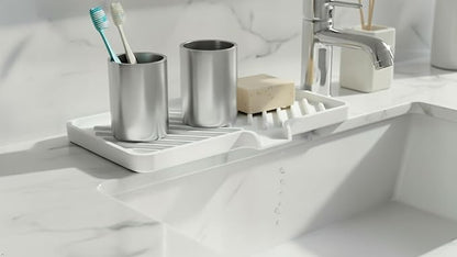Happitasa Silicone Soap Dish Tray and Sponge Holder with Drain Chute and Feet | 3-Way Sloped Design | Bathroom and Kitchen Sink Organizer Caddy (Grey, 10"x4")