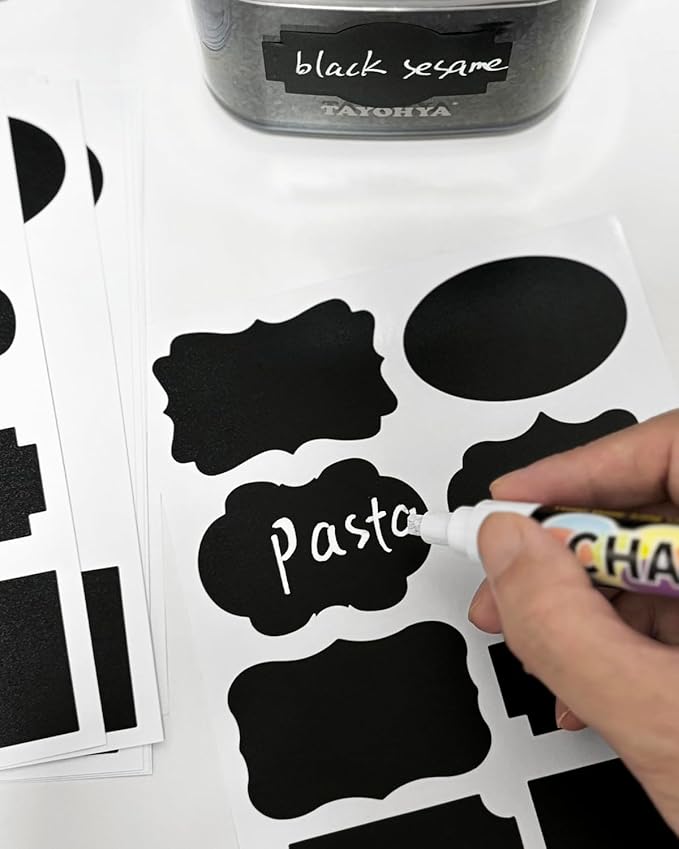 120 Pcs Chalkboard Labels for Storage Bins, Removable Chalk Sticker for Jars Containers Storage Bins, Assorted Shapes - Canning Labels, Bottle Labels, Food Labels Includes Erasable Liquid Chalk Marker