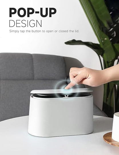 Mini Trash Can with Lid Removable Small Garbage Can, Tiny Plastic Trash Bin, Pop Up Countertop Wastebasket, Counter Garbage Lint Bin for Bathroom,Office,Kitchen,Desk(White)
