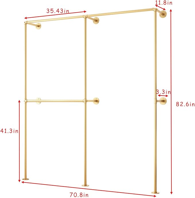 DR.IRON Industrial Pipe Gold Clothing Racks with Double Bar, Industrial Pipe Clothes Racks Wall Mounted, Heavy Duty Gold Closet Rods for Hanging Clothes Organizer Storage