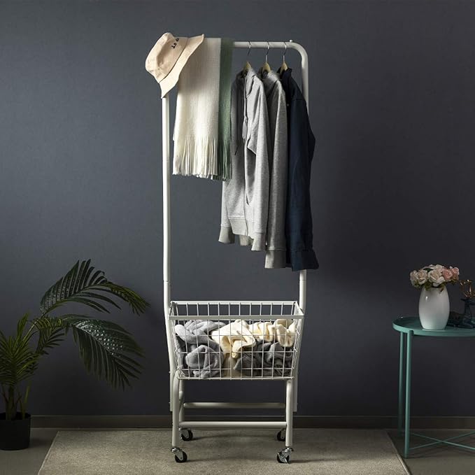 ALIMORDEN Laundry Cart with Clothes Rack, Rolling Laundry Butler with Wire Storage Rack，Black