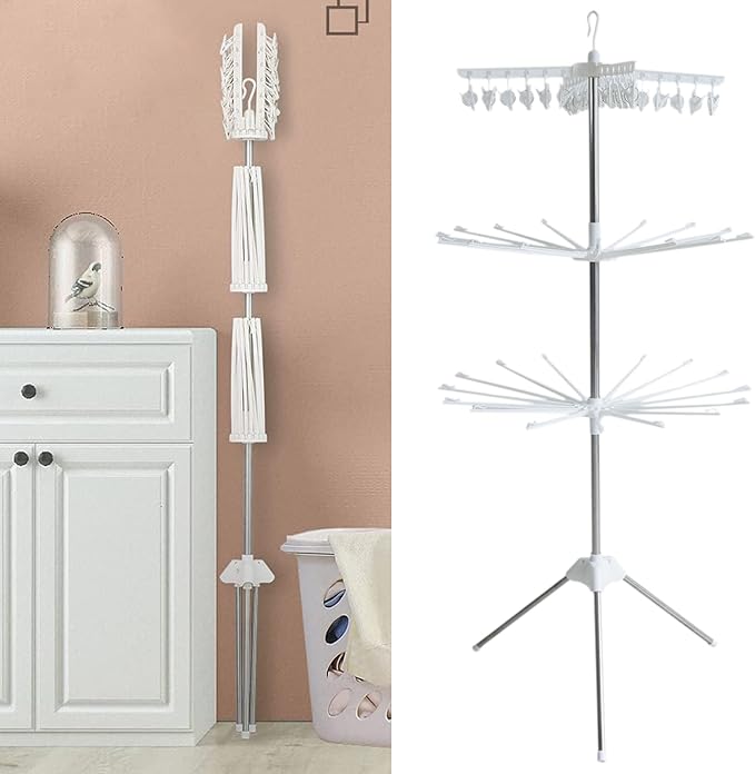 Laundry Rack Clothes Drying Hanger Rack with Clips Folding Collapsible 3-Tier Laundry Drying Ra-Ck for Clothes Socks Indoor Outdoors Balcony White
