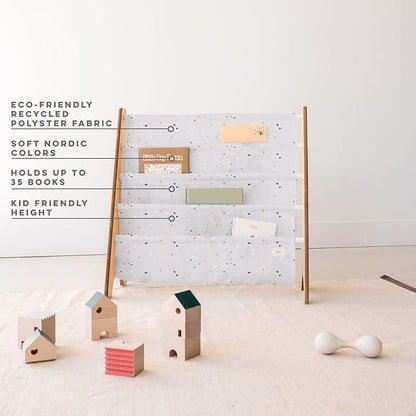 3 Sprouts Recycled Fabric Kids Bookshelf – 4-Tier Sling Book Rack Organizer - Nursery Room Playroom Classroom Wooden Book Shelves - Kid Bookcase Wood Storage Shelf for Toddler Age 3+ - Terrazzo Gray