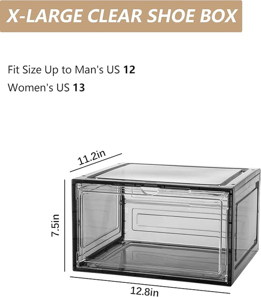 Clear Shoe Box Plastic Stackable Upgraded 6 Pack Shoe Storage Box Organizer with Clear Large Magnetic Door for Display Sneakers Easy Assembly, White