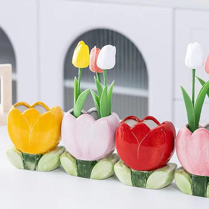 Pen Holder for Desk Tulips Vase Decor Aesthetic Cute Toothbrush Holder Pencil Holder for Office Makeup Brush Holder Yellow Kawaii Desk Accessories Home Decor Birthday Gifts for Women