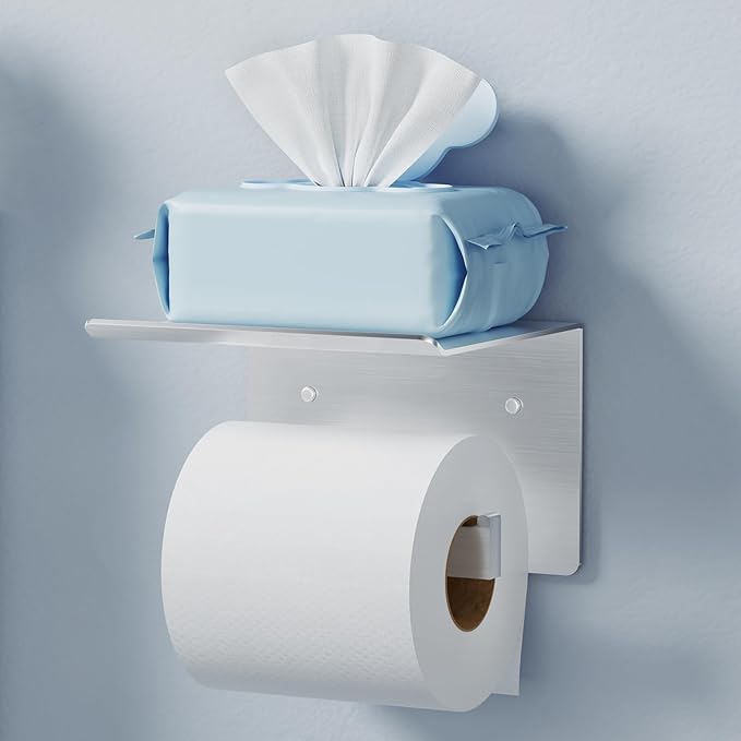 Toilet Paper Holder with Shelf, Idealmax SUS304 Stainless Steel Toilet Paper Roll Holder Wall Mounted, Brushed Nickel Toilet Tissue Holder with Storage Shelf