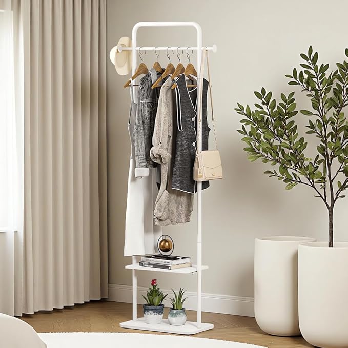 Clothing Rack, White Metal Freestanding Coat Rack, Modern Coat Rack Stand with Marble Base, Small Garment Rack for Boutiques, Entryway (White, 19.7")