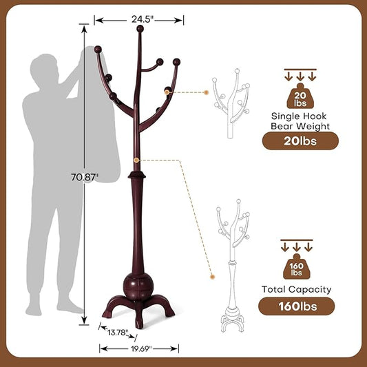 Wooden Coat Rack Freestanding with 8 Hooks, Heavy Duty Coat Hanger Stand with Stable Base, Vintage Coat Tree Standing Coat Racks for Entryway, Hallway, Bedroom (Wine Red)