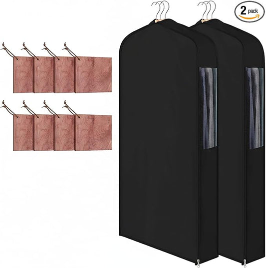 2 Set 40in Short Cotton Garment Bags, 6in Wide Gusset Hanging Storage Clothes with 8 Cedar Blocks, Transparent Mesh Window, Breathable Closet Bags for Fur Coat Suit Sweater Dress, Black
