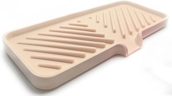 Happitasa Silicone Soap Dish Tray and Sponge Holder with Drain Chute and Feet | 3-Way Sloped Design | Bathroom and Kitchen Sink Organizer Caddy (Sand Dollar, 10"x4")