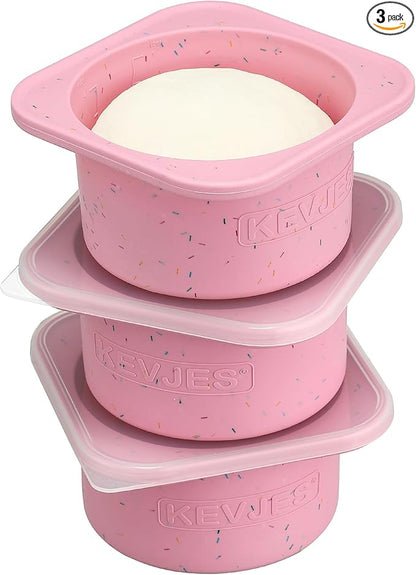 KEVJES PLUS 1000ml Pizza Dough Proofing Containers for DIY family Artisan Pizza, Food Grade Silicone Stackable Boxes with Lids, Freezer, Fridge, Dishwasher Safe-Sprinkles Pattern-3 Pack (Cotton Candy)