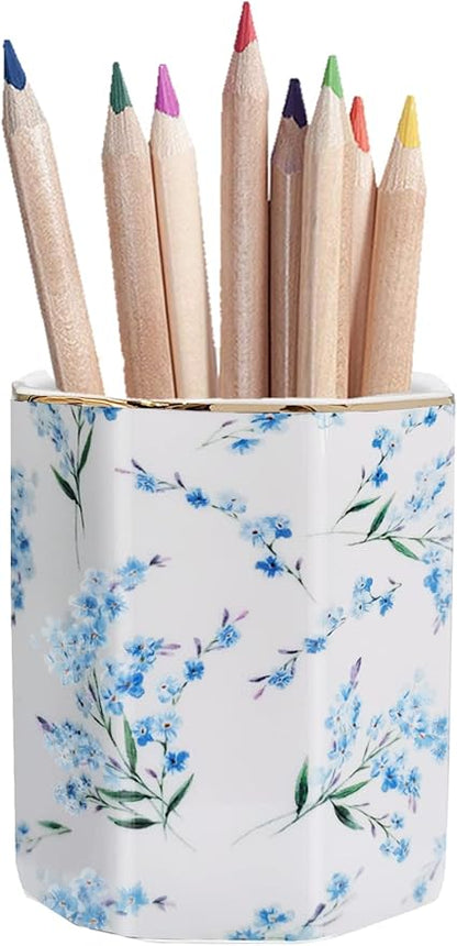 Pencil Holder for Desk Organizer,Ceramic Writing Utensil Storage Organizer Aesthetic Floral Pattern Pen Holder Pen Cup Makeup Brush Holder Creative Gift for Desktop Supplies,School Life Blue