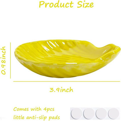 Shell Trinket Dish, Ceramic Jewelry Dish Tray, Cute Organizer Plate for Jewelry, Seashell Jewelry Ring Holder, Birthday Mother's Day Christmas Gift for Women, 3.9", Bright Yellow Iridescent Surface