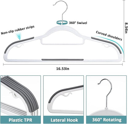 LMTrystFit 50-Pack Plastic Coat Hangers, Non-Slip, Space-Saving, 0.2 Inches Slim, 360° Swivel Hook, Sturdy Clothes Hangers for Suit, White and Dark Gray