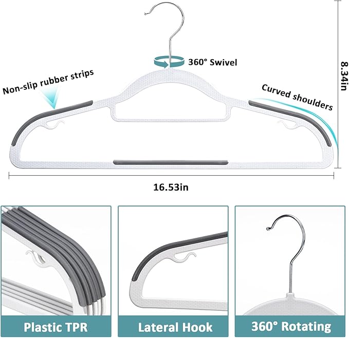 LMTrystFit 30-Pack Plastic Clothes Hangers, Space Saver, Non Slip, 360° Swivel Hook, 0.2 Inches Slim, Sturdy Heavy Duty Coat, Durable Hangers for Suits, White and Dark Gray
