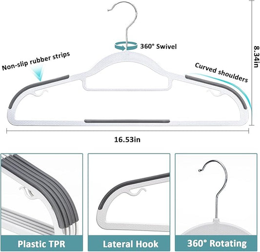 LMTrystFit 30-Pack Plastic Clothes Hangers, Space Saver, Non Slip, 360° Swivel Hook, 0.2 Inches Slim, Sturdy Heavy Duty Coat, Durable Hangers for Suits, White and Dark Gray