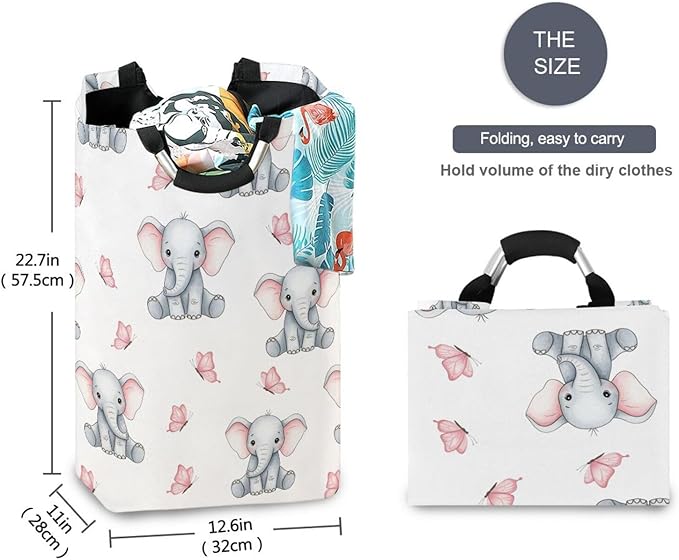 Laundry Hamper Basket Elephant Butterfly White Storage Basket Collapsible Laundry Bag with Handle Decorative Blanket Basket for Dirty Clothes Living Room Bathroom