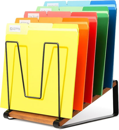 HULISEN Inclined Desk File Organizer, 5-Section Vertical File Folder Holder Stand, Metal File Sorter Rack with Wooden Base, Desktop File Organizer for Office Classroom Home Workspace