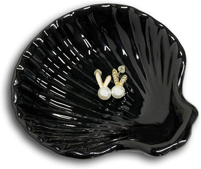 GO2HEJING Shell Shape Ring Holder Dish, Seashell Jewelry Dish Tray, Ceramic Trinket Tray for Rings Earrings Necklaces Bracelet, Birthday Mother's Day Christmas Gift for Mom Friend Sister, 3.9", Black