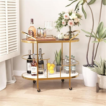 Pemberly Row Wood and Natural Marble Top Oval Bar Cart in Multi-Color