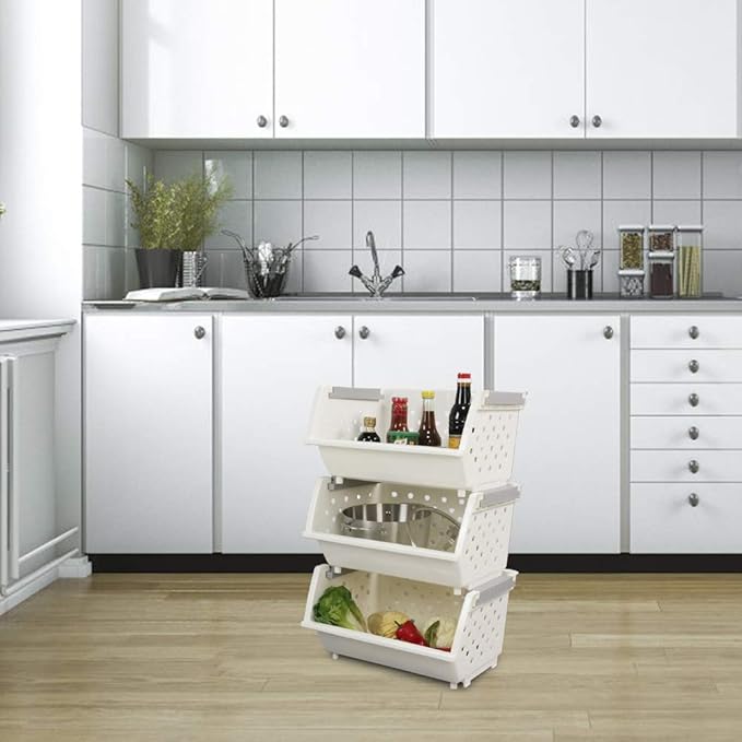 4-Pack White Stackable Storage Basket, Stacking Kitchen Organizer Bins