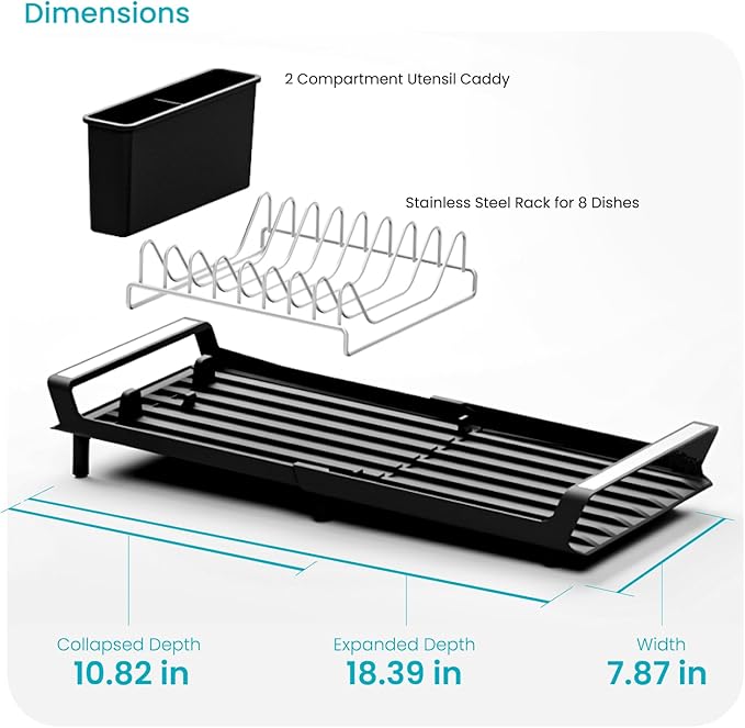Home Zone Living Small Collapsible Dish Drying Rack for RVs and Small Kitchens with Adjustable Length and Utensil Caddy