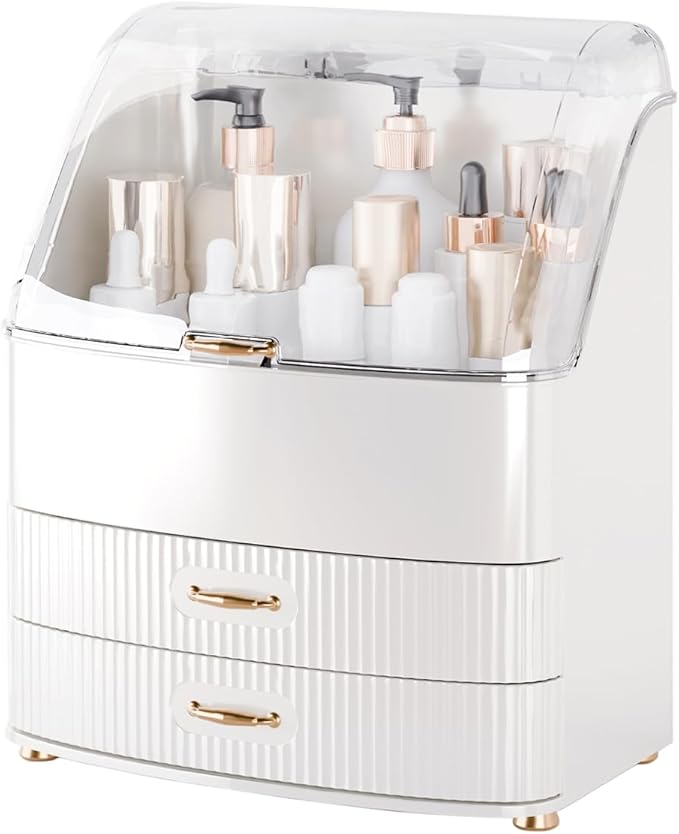 Plukers Makeup Organizer Countertop Vanity with Transparent Lid Drawers Waterproof Dustproof Cosmetic Skincare Bathroom Storage Gift for Women Teens Girls (Whtie)