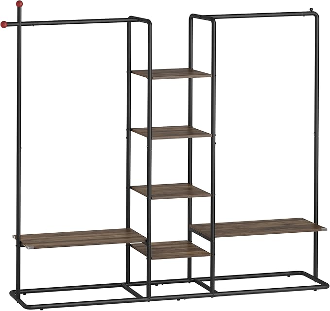 SONGMICS HOME Clothes Rack, Wardrobe, Freestanding Closet, Heavy-Duty Garment Rack, 6 Storage Shelves, 2 Hanging Rails, 64.4 x 13.3 x 69 Inches, Natural Walnut and Ink Black URGR012B01