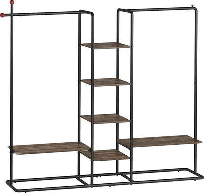 SONGMICS HOME Clothes Rack, Wardrobe, Freestanding Closet, Heavy-Duty Garment Rack, 6 Storage Shelves, 2 Hanging Rails, 64.4 x 13.3 x 69 Inches, Natural Walnut and Ink Black URGR012B01