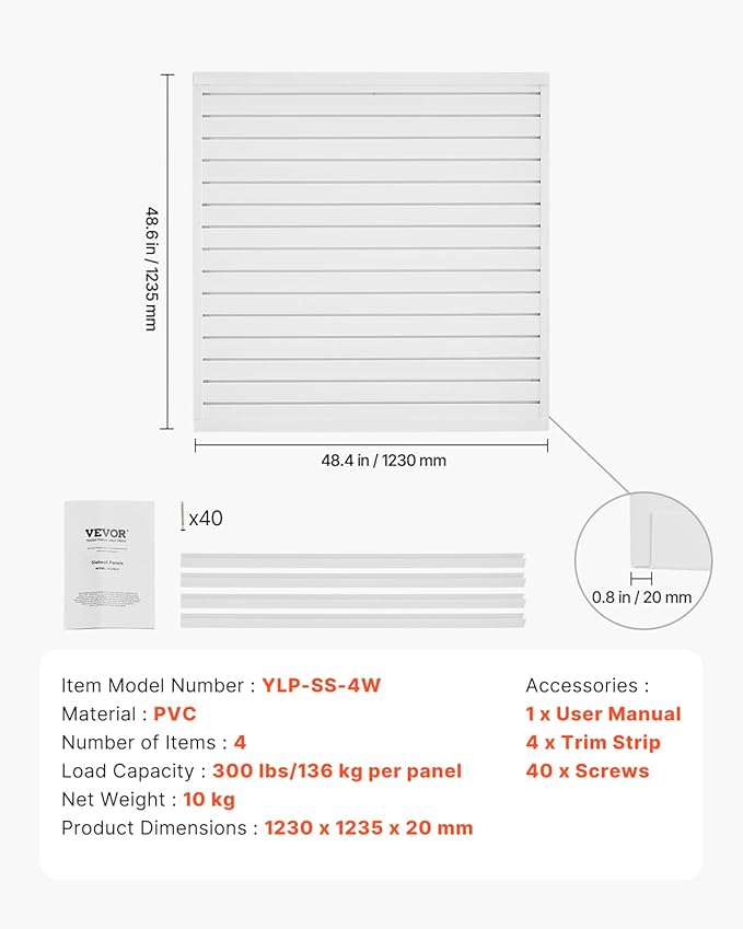VEVOR Slat Wall Paneling, 4 x 4 ft, PVC Garage Slatwall with Modular Design, White Slat Wall Easy-to-Install Adjustable Slatwall Panel with Coupling Structure & DIY Cutting, Fits for Storage & Display