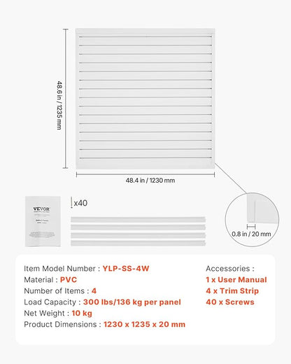 VEVOR Slat Wall Paneling, 4 x 4 ft, PVC Garage Slatwall with Modular Design, White Slat Wall Easy-to-Install Adjustable Slatwall Panel with Coupling Structure & DIY Cutting, Fits for Storage & Display