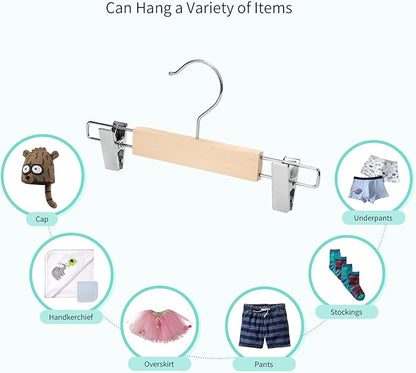 Nature Smile 20 Pack 10.2 Inches Unfinished/Natural Kids Baby Toddler Infant Children Solid Wooden Pants Skirts Hangers Wood Trousers Bottom Hangers with 2-Adjustable Clips 360° Stronger Swivel Hook