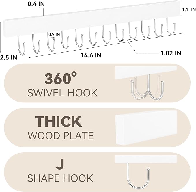 HOMEBROS Belt Hanger Wall Mount, Wooden Closet Belt Organizer with 24 Metal Hooks, Large Capacity, White, 2 Pcs