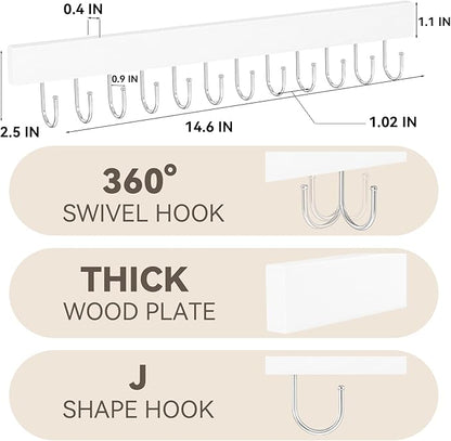 HOMEBROS Belt Hanger Wall Mount, Wooden Closet Belt Organizer with 24 Metal Hooks, Large Capacity, White, 2 Pcs