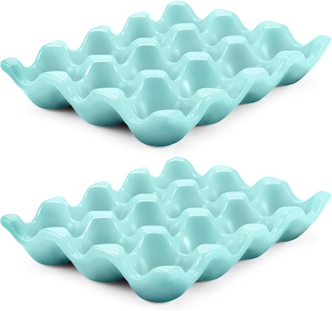 Flexzion 12 Cups Ceramic Egg Holder for Fridge - Dozen Ceramic Egg Tray Porcelain Container Storage Organizer Decorative Serving Stand Serveware for Refrigerator Countertop Display (Blue, 2 Pack)