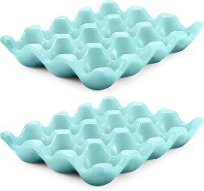 Flexzion 12 Cups Ceramic Egg Holder for Fridge - Dozen Ceramic Egg Tray Porcelain Container Storage Organizer Decorative Serving Stand Serveware for Refrigerator Countertop Display (Blue, 2 Pack)