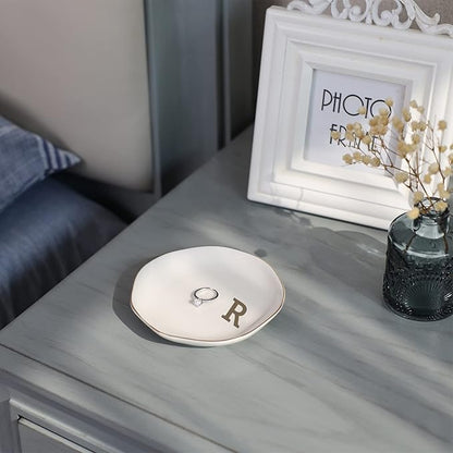 VINCOMIC Initials Ring Dish Jewery Tray with Personalized R-Monogrammed Gifts Wedding Engagement for Women Friends Sister,Ceramic White
