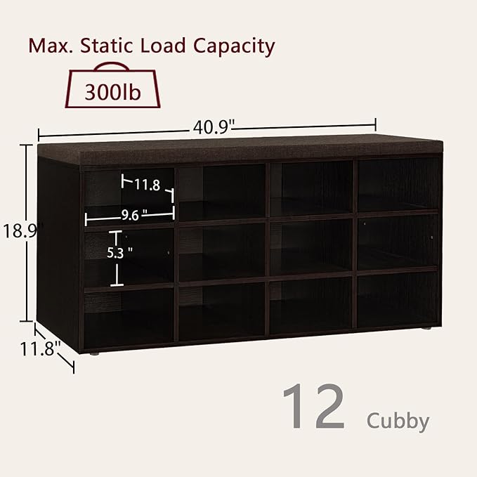 DINZI LVJ Shoe Storage Bench with Cushion, Cubby Shoe Rack with 12 Cubbies, Adjustable Shelves, Multifunctional Shoe Organizer Bench for Entryway, Mudroom, Hallway, Closet and Garage, Espresso