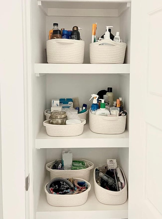CubesLand Small Woven Rope Toys Basket for Organizing Set 5, Shelves Closet Storage Bins, Empty Gift Baby Shower Basket Also Perfect for Toilet Paper Storage, Organizer Bins Off White