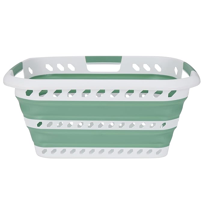 Collapsible Laundry Basket | Portable | Space Saver Storage | Hold 2 Loads | Store Under the Bed or Closet | Good for Kids | Dorm | Bedroom | Large | White/Sage