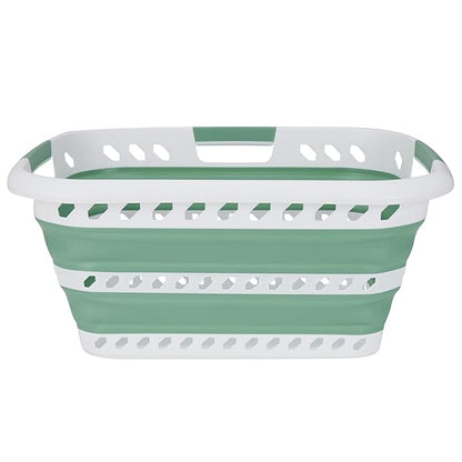 Collapsible Laundry Basket | Portable | Space Saver Storage | Hold 2 Loads | Store Under the Bed or Closet | Good for Kids | Dorm | Bedroom | Large | White/Sage