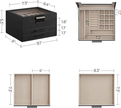 SONGMICS Jewelry Box Organizer with Glass Lid, 3-Layer Jewelry Storage, with 2 Drawers, Modern Style, 8 x 9.1 x 5.3 Inches, Graphite Black and Silver UJBC239BK