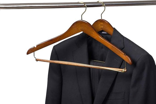 10 Quality Hangers Curved Wooden Hangers Beautiful Sturdy Suit Coat Hangers with Locking Bar Gold Hooks Walnut Finish (10)