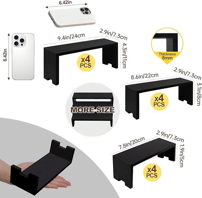 4 Set 12Pcs Black Display Riser Wood Risers Wooden Cupcake Display Stand 3Tiered Racks Perfume Display Dessert Food Stands for Vendors Event Party