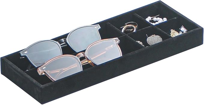 Divided Drawer Organizer Tray, Velvet Jewelry Storage Tray, Necklace Bracelet Ring Earring Display Tray,Bedside Nightstand Desk Holder Tray for Phone Watch Sunglasses Cosmetics Storage/Black/6grid