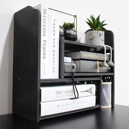 YGYQZ Adjustable PVC Desktop Organizer Storage Rack - Black Desk Shelf for Office, Women, Dormitory & Home Decor
