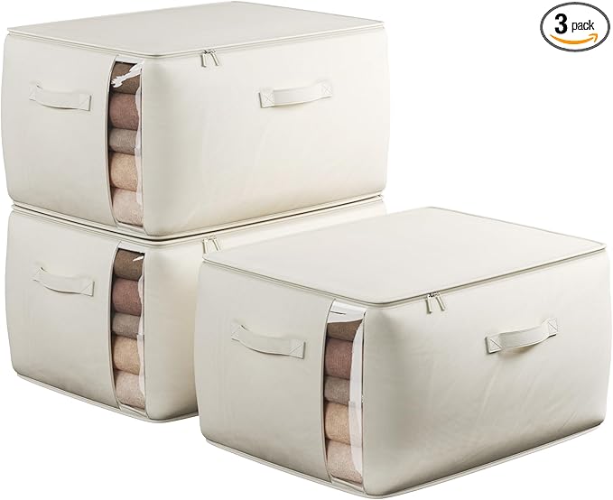 TomVista Large Canvas Clothes Storage Bags with Thick Handles and Clear Window, Foldable Cotton Linen Closet Organizer for Clothing, Blankets and Bedding, 70L, 3 Pack, Beige