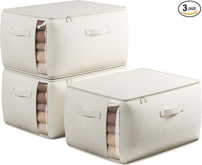 TomVista Large Canvas Clothes Storage Bags with Thick Handles and Clear Window, Foldable Cotton Linen Closet Organizer for Clothing, Blankets and Bedding, 70L, 3 Pack, Beige